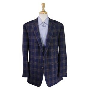 Samuelsohn Blue Brown Plaid Wool Knit Plaid Windowpane Patch Pocket Blazer 48L